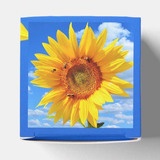 Gele zonnebloem en bijen op de blauwe hemel - zome bedankdoosjes (Bovenkant)