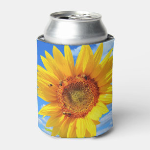 Gele zonnebloem en bijen op de blauwe hemel - zome blikjeskoeler