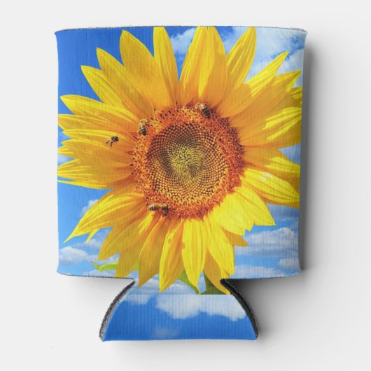 Gele zonnebloem en bijen op de blauwe hemel - zome blikjeskoeler (Voorkant)