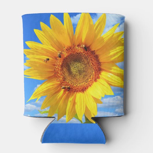Gele zonnebloem en bijen op de blauwe hemel - zome blikjeskoeler (Achterkant)
