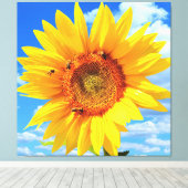 Gele zonnebloem en bijen op de blauwe hemel - zome canvas afdruk (Insitu (Houten vloer))