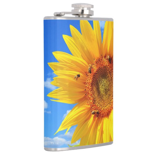 Gele zonnebloem en bijen op de blauwe hemel - zome heupfles (Rechts)