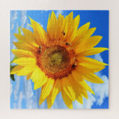 Gele zonnebloem en bijen op de blauwe hemel - zome legpuzzel (Horizontaal)