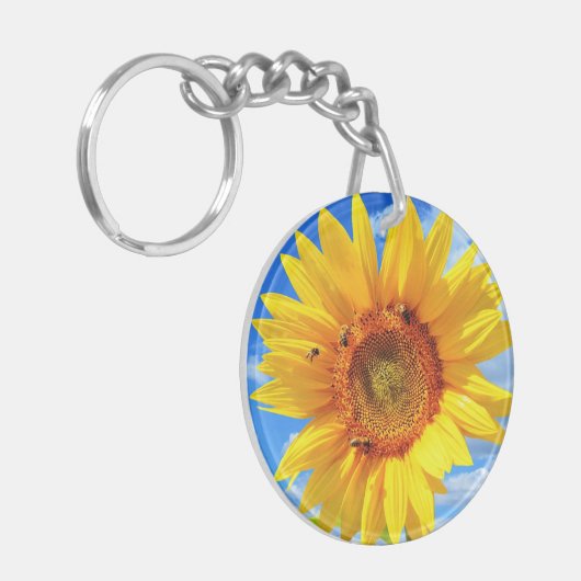 Gele zonnebloem en bijen op de blauwe hemel - zome sleutelhanger (Voorkant Links)