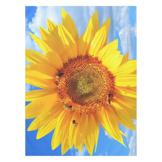 Gele zonnebloem en bijen op de blauwe hemel - zome tafelkleed (Voorkant)