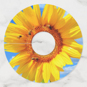 Gele Zonnebloem en Bijen Wijnglas Label