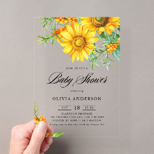 Gele Zonnebloem en Duindoorn Baby Shower Acryl Uitnodigingen