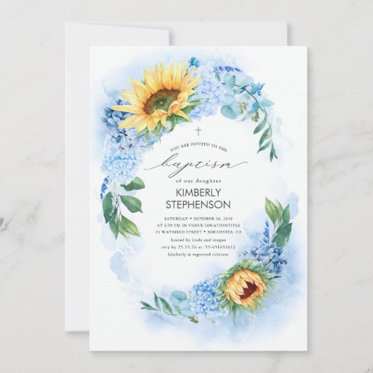 Gele zonnebloem en Dusty Blue Hydrangea Baptisme Kaart (Voorkant)