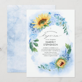 Gele zonnebloem en Dusty Blue Hydrangea Baptisme Kaart