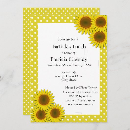 Gele zonnebloem en poka Dots Brithday Lunch Kaart (Voorkant / Achterkant)