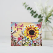 Gele Zonnebloem en Roze Bloemen Dank u Briefkaart (Staand voorkant)