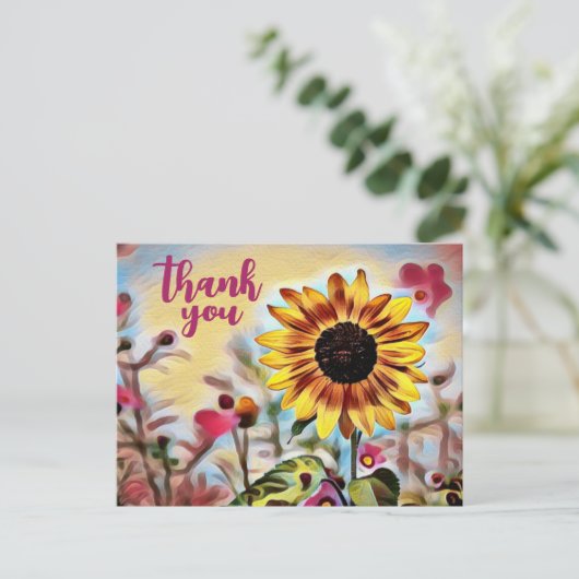  Gele Zonnebloem en Roze Bloemen Dank u Briefkaart (Staand voorkant)