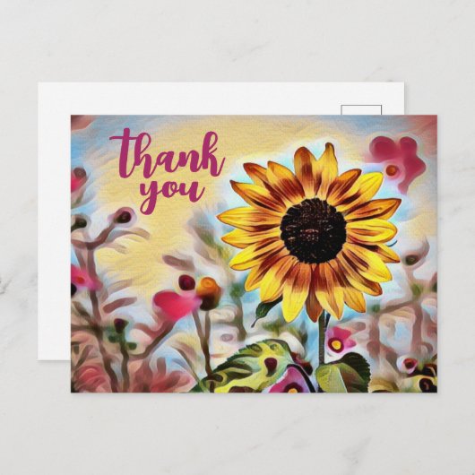 Gele Zonnebloem en Roze Bloemen Dank u Briefkaart (Voorkant / Achterkant)