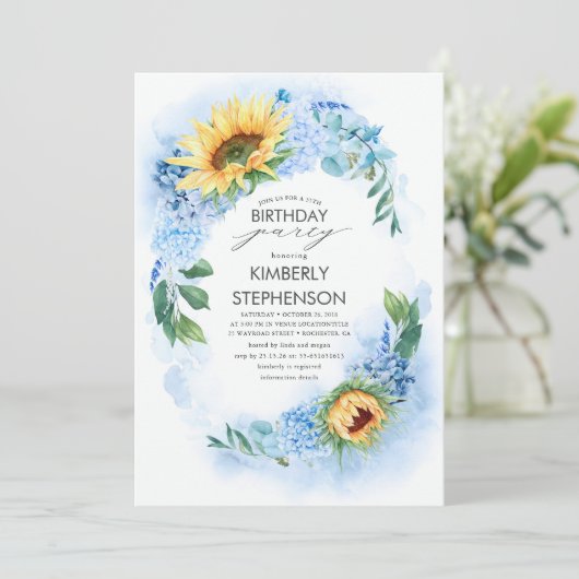 Gele Zonnebloem en Stoffige Blauwe Hydrangea Verja Kaart (Staand voorkant)