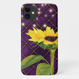 Gele zonnebloem en strijklampjes op Paars Case-Mate iPhone Case