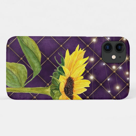 Gele zonnebloem en strijklampjes op Paars Case-Mate iPhone Case (Achterkant (horizontaal))