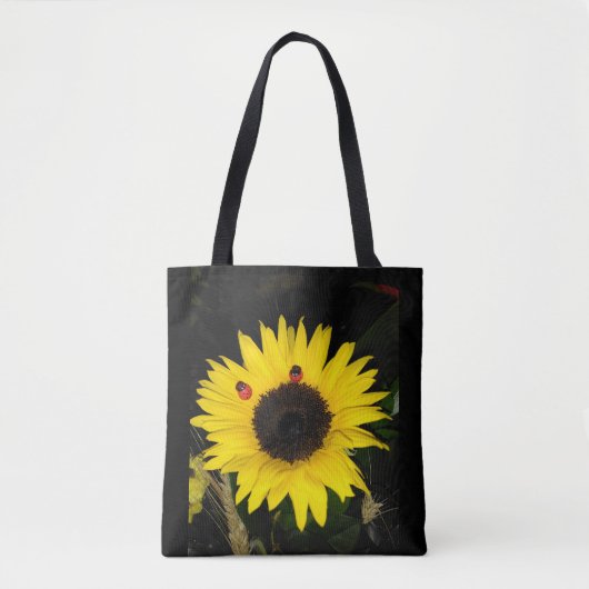 Gele zonnebloem en twee luikbeitjes tote bag (Voorkant)