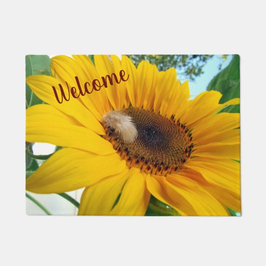 Gele zonnebloem en veren - Doormat Deurmat (Voorkant)