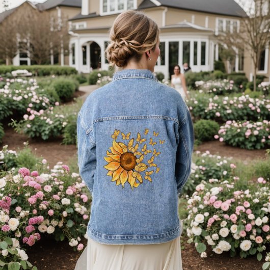 Gele zonnebloem en vlinder denim jacket (Huwelijk Achterkant)