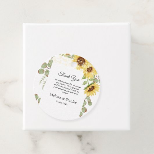 Gele zonnebloem Eucalyptus String Lights Weddensch Bedankjes Labels (In situ)