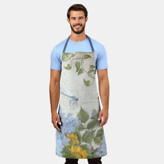 Gele zonnebloem Floral Blue Hydrangea w Dragonfly Schort (Gedragen)