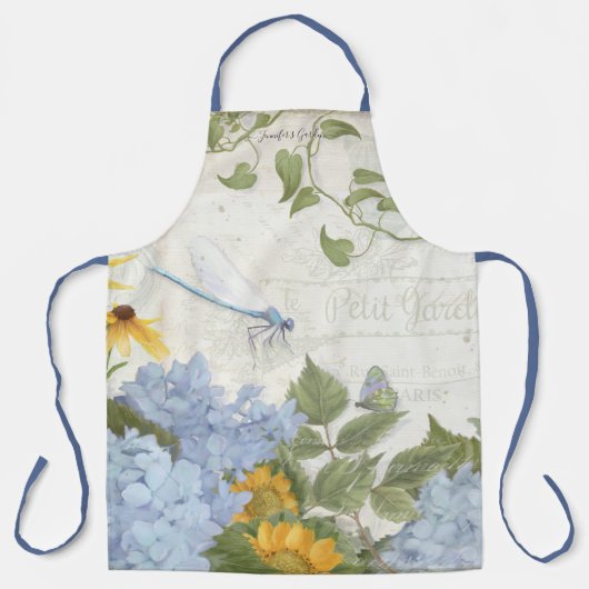 Gele zonnebloem Floral Blue Hydrangea w Dragonfly Schort (Voorkant)