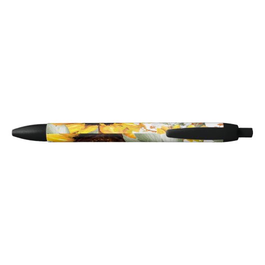 Gele zonnebloem Floral Rustische Herfst Bloem Zwarte Inkt Pen (Achterkant)