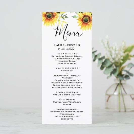 Gele zonnebloem florale trillling lente bouquet menu (Staand voorkant)