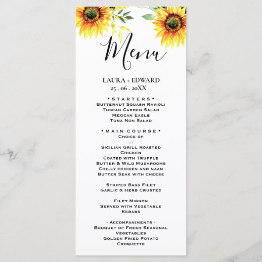 Gele zonnebloem florale trillling lente bouquet menu (Voorkant)