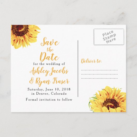 Gele Zonnebloem Foto Bruiloft Save the Date Aankondigingskaart (Achterkant)
