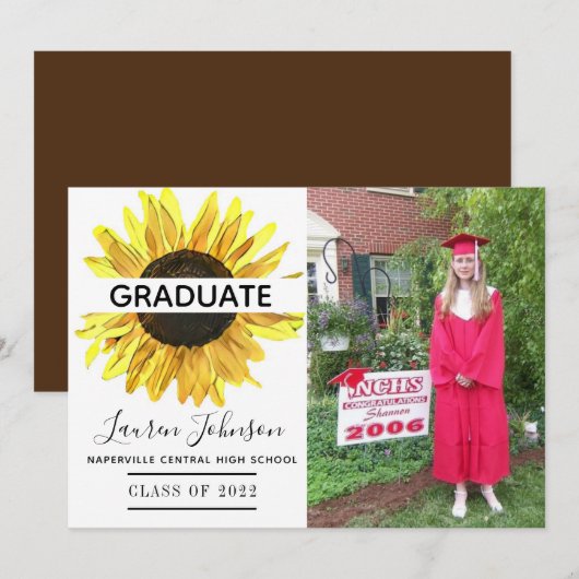 Gele zonnebloem Fotoaankondiging Afstuderen Aankondiging (Voorkant / Achterkant)