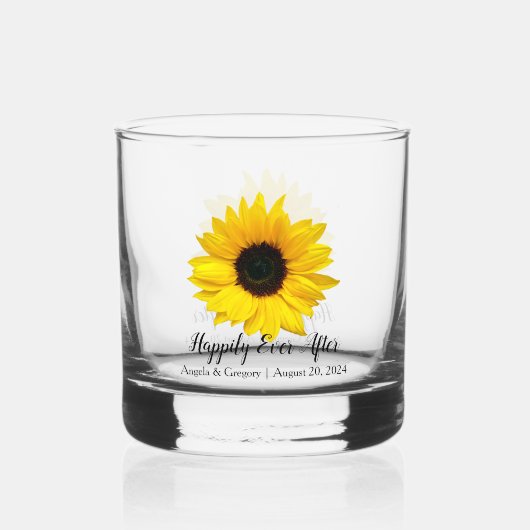 Gele zonnebloem gelukkig ooit na bruiloft whisky glas (Voorkant)