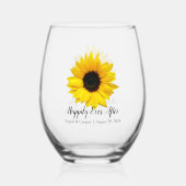 Gele zonnebloem gelukkig ooit na bruiloft wijnglas zonder voet (Voorkant)