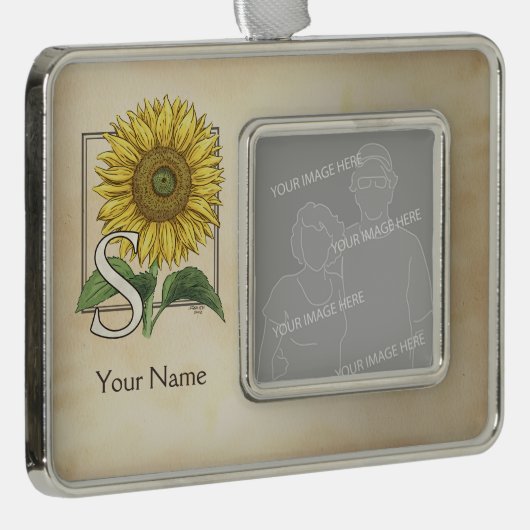 Gele zonnebloem - Gepersonaliseerd Monogram Verzilverd Omlijst Ornament (Rechts)