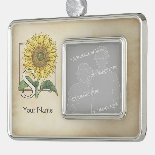 Gele zonnebloem - Gepersonaliseerd Monogram Verzilverd Omlijst Ornament (Links)