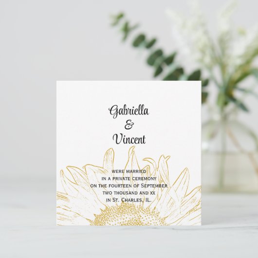 Gele zonnebloem Grafische aankondiging huwelijk (Staand voorkant)