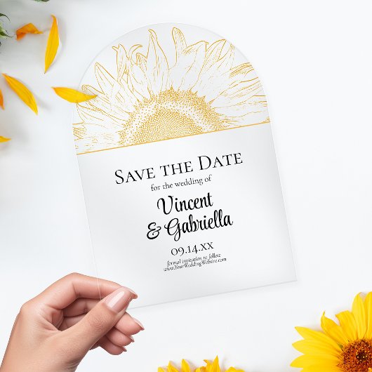 Gele Zonnebloem Grafische Trouw Save the Date Acryl Uitnodigingen