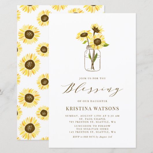Gele Zonnebloem in Mason Jar Baby Blessing Uitnodi (Voorkant / Achterkant)