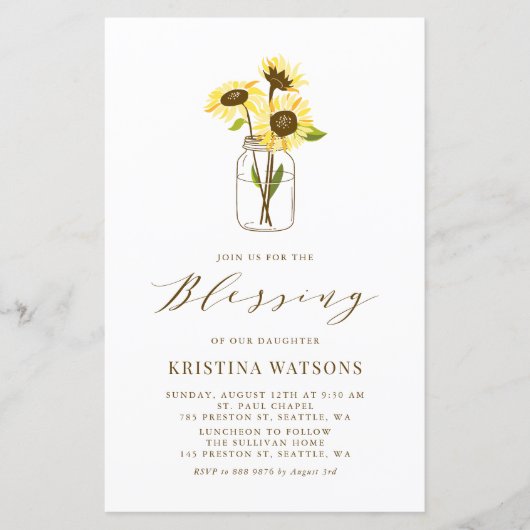 Gele Zonnebloem in Mason Jar Baby Blessing Uitnodi (Voorkant)