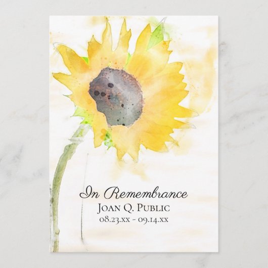 Gele Zonnebloem in Vaas Begrafenisdienst Programmakaart (Voorkant)