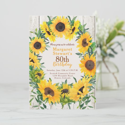 Gele Zonnebloem Krans 80ste Verjaardag Uitnodiging (Staand voorkant)