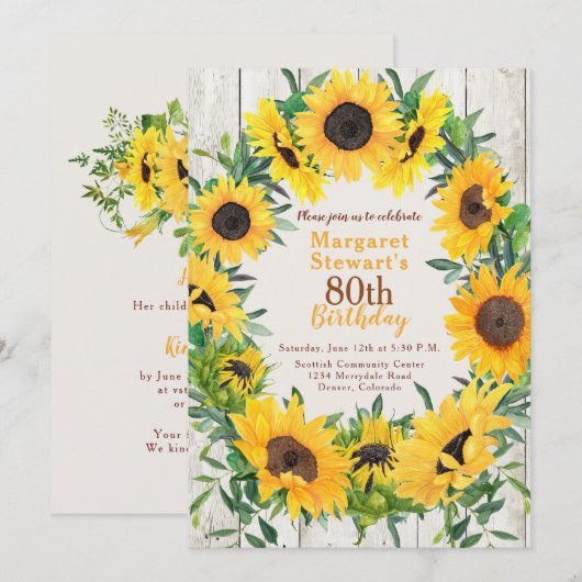 Gele Zonnebloem Krans 80ste Verjaardag Uitnodiging (Voorkant / Achterkant)