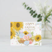 Gele Zonnebloem Lente Bloemen Gelukkig Pasen Wit Feestdagenkaart (Staand voorkant)
