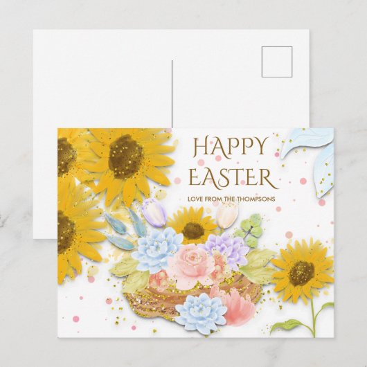 Gele Zonnebloem Lente Bloemen Gelukkig Pasen Wit Feestdagenkaart (Voorkant / Achterkant)