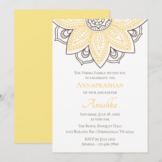 Gele zonnebloem Mandala | Annaprashan Kaart (Voorkant / Achterkant)