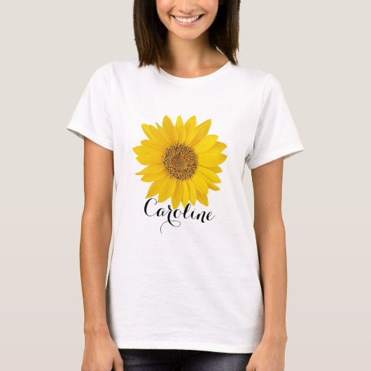 Gele zonnebloem met aangepaste naam t-shirt (Voorkant)