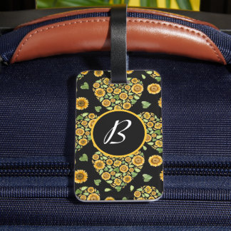Gele zonnebloem met aanpasbaar monogram bagagelabel