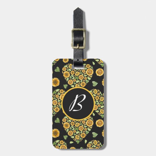 Gele zonnebloem met aanpasbaar monogram bagagelabel (Voorkant verticaal)