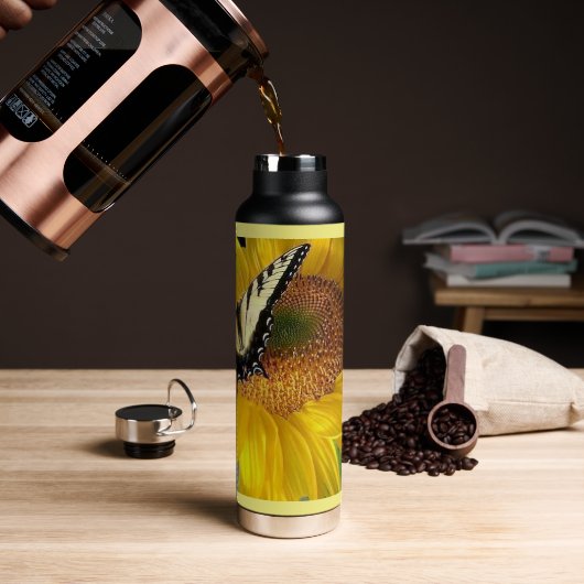 Gele zonnebloem met Butterfly Water Fles (Koffie)