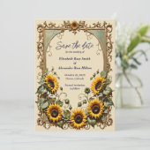 Gele zonnebloem met kunst bruiloft lijst save the date (Staand voorkant)